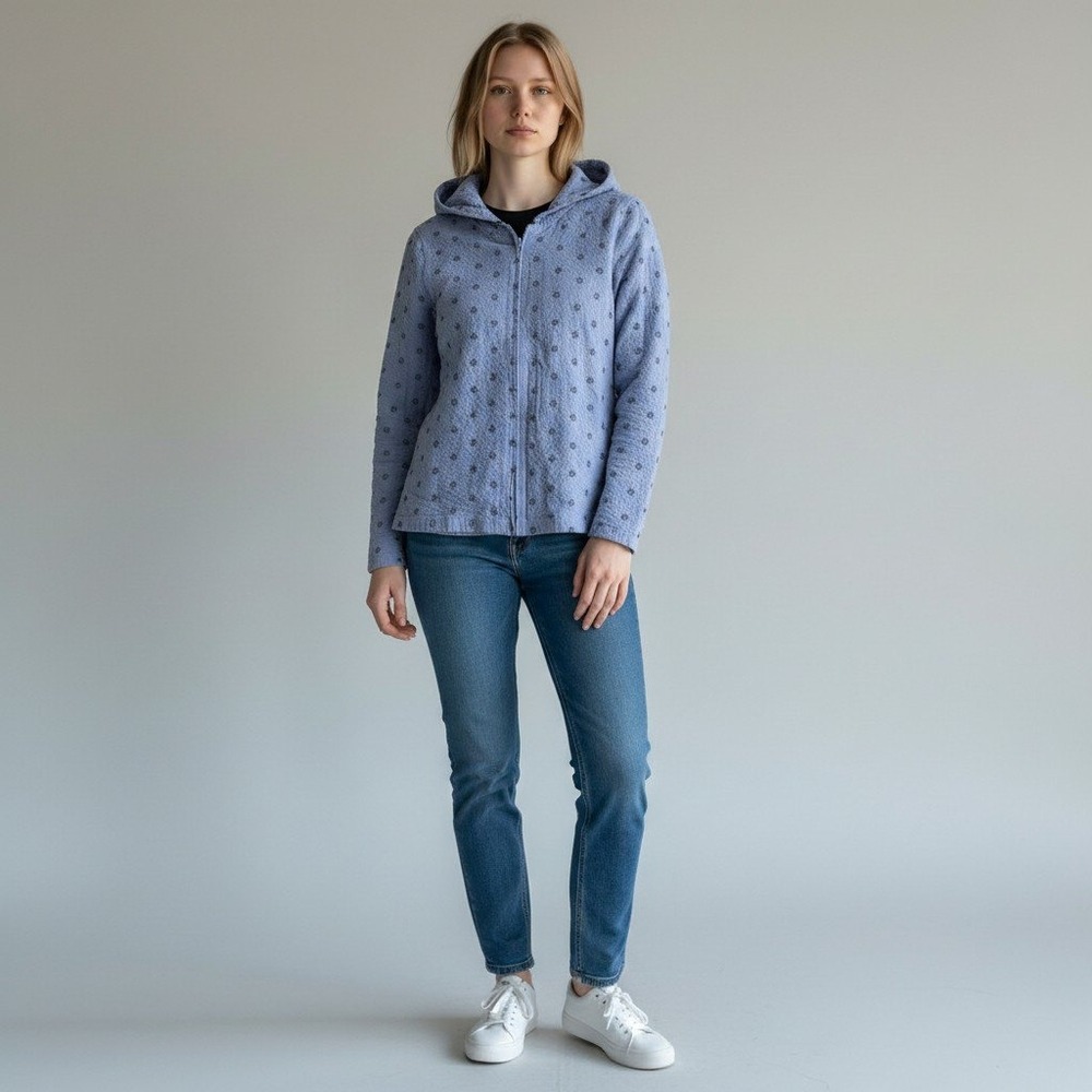 DENIM & CO. Light Blue Floral Textured Zip Hoodie Jacket Women's Large‎